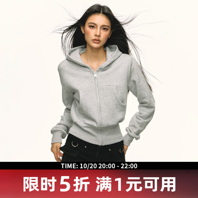 AAISUP灰色短款运动收腰连帽卫衣女士2025春秋新款百搭宽松拉链开衫外套 灰色 L