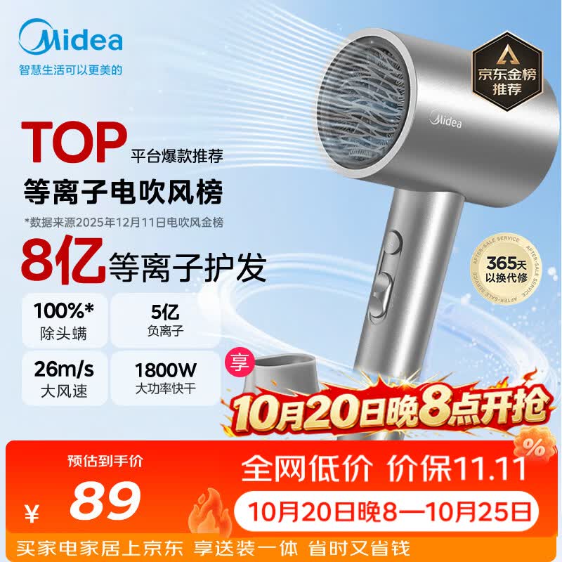 美的（Midea）8亿等离子护发电吹风 家用负离子护发吹风筒 1800W大功率快干吹风机FJ308银 节日礼物