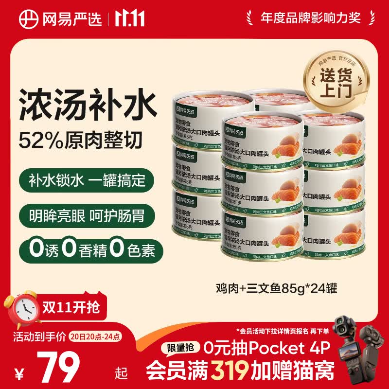 网易严选猫湿粮零食浓汤大口肉罐头鸡肉+三文鱼 85g*24罐