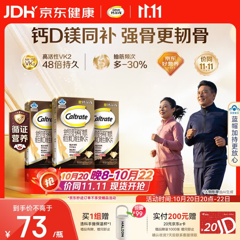 钙尔奇钙片中老年人补钙100粒*3 金钻K2钙镁片维生素D维生素K 金钙尔奇