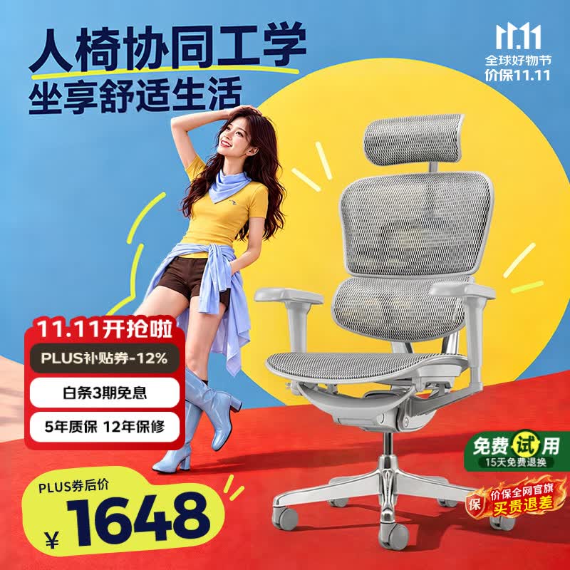 Ergonor保友金豪B雄鹰/悦动 人体工学椅护腰办公椅子电脑椅电竞椅 银白网