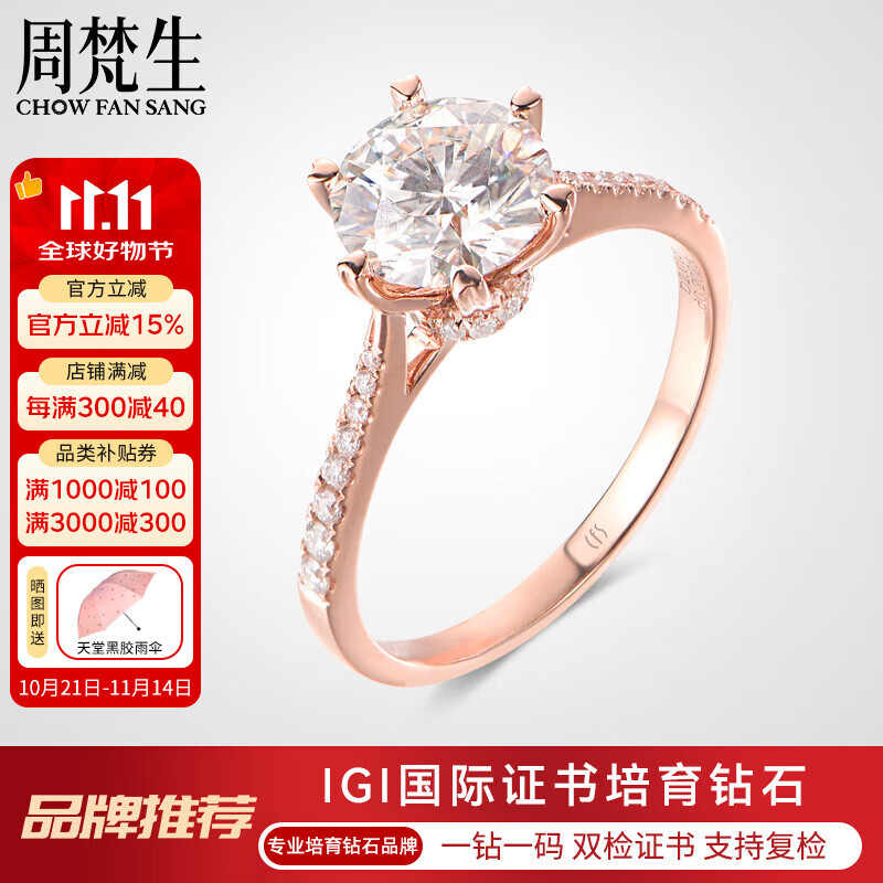 周梵生18K玫瑰金人工培育钻石戒指女一1克拉六爪人造合成钻戒送老婆女戒 主钻3克拉 D/VS/3EX/N