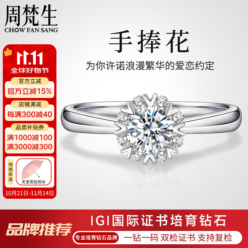 周梵生18K金人工培育钻石戒指女一1克拉显大人造结婚钻戒女戒生日送老婆 主钻1.5克拉 D/VVS/3EX/N