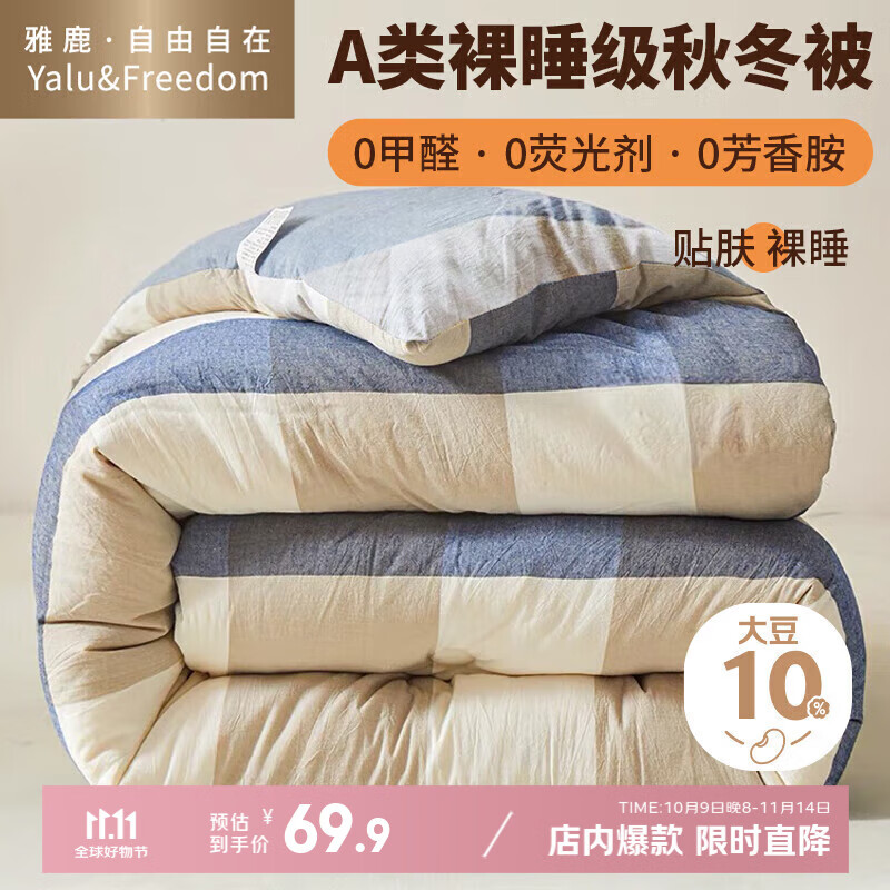 雅鹿·自由自在A类被子抗菌春秋冬季棉大豆纤维被芯单双人5斤150x200cm 加州蓝格