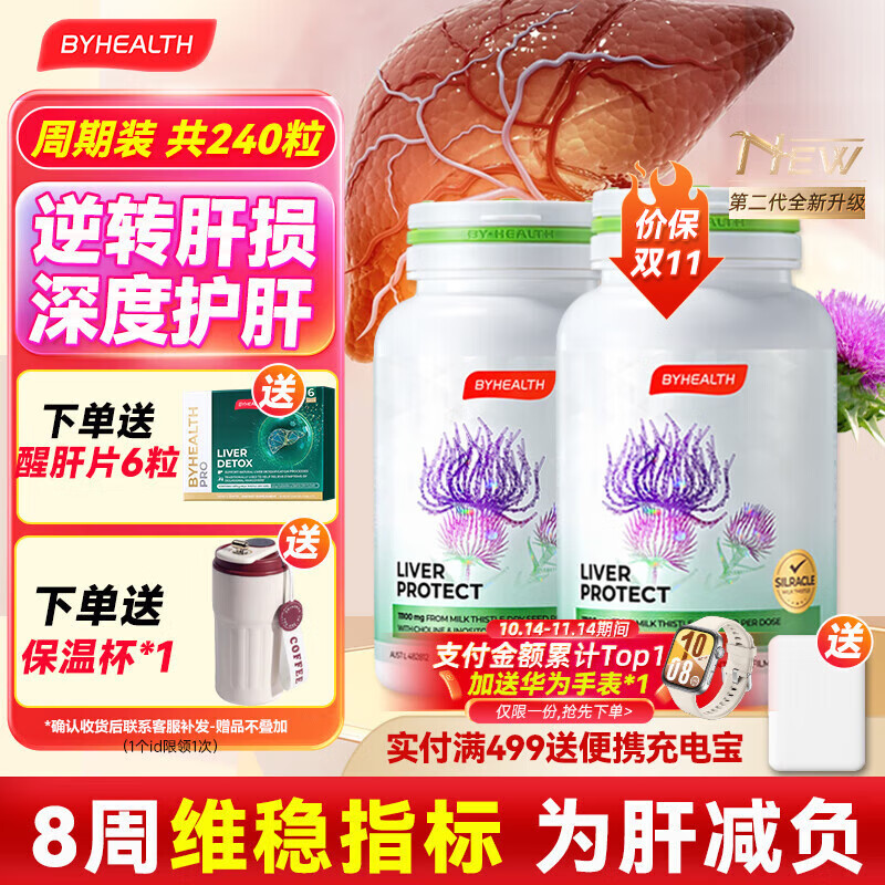 汤臣倍健（BYHEALTH）护肝片第二代升级奶蓟草水飞蓟熬夜护肝养肝净肝片脂肪肝肌醇胆碱 升级版120粒*2【下单即送醒肝片】