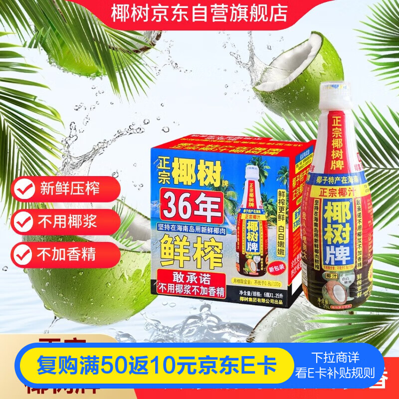 椰树 椰汁 1.25L*6瓶/箱 整箱装 植物蛋白饮料 正宗海南特产