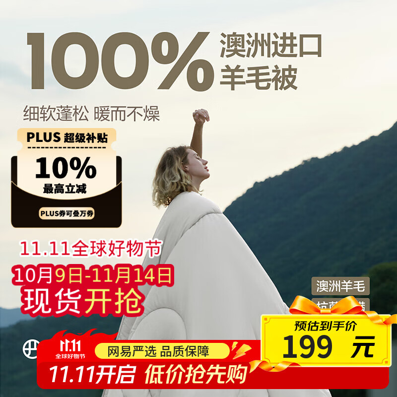 网易严选被子羊毛被被芯 100%澳洲A类进口自发热纯羊毛被四季被 150*200cm