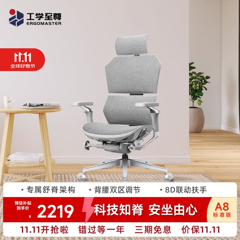 工学至尊 A8旗舰人体工学椅 灰框科技灰网布坐垫 无脚托