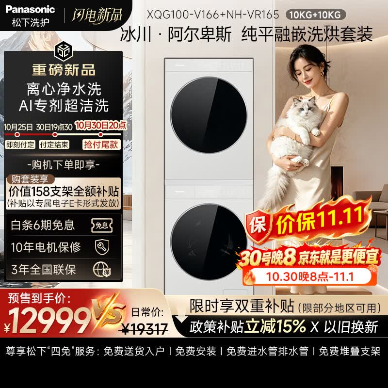 松下（Panasonic）高端冰川·阿尔卑斯 洗烘套装  10KG滚筒洗衣机+10KG热泵烘干机 纯平全嵌 XQG100-V166+NH-VR165