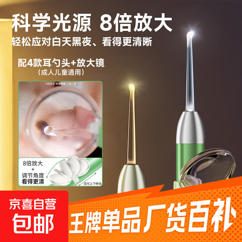 成人儿童可视发光挖耳勺8倍放大掏耳朵神器婴儿发光放大镜耳勺新生儿宝宝耳/鼻屎镊子采耳套装 发光耳勺套装（4款耳勺头+电池