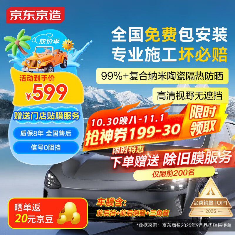 京东京造全车玻璃窗贴膜(轿车款-浅色) 整车防晒隔热防爆太阳保护隐私遮挡紫红外线清晰透光汽车玻璃膜