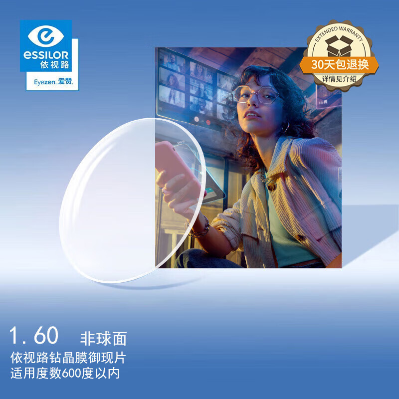 依视路（ESSILOR）爱赞全晰眼镜片1.60钻晶膜御非球面防蓝光防紫外线配镜片现片1片