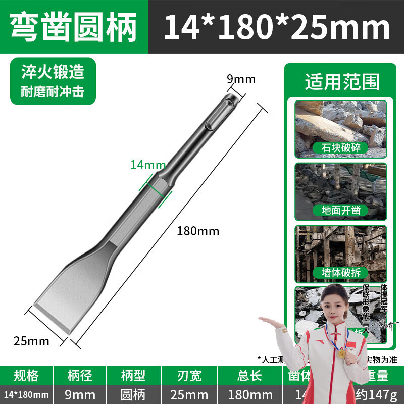 保联电锤冲击钻头扁凿六角柄方柄圆柄弯凿工业级电镐开槽铲穿墙凿 【弯凿圆柄】14*180*25mm