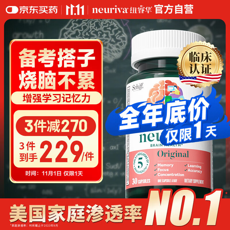 旭福（Schiff）neuriva脑动力经典 神经酸磷脂酰丝氨酸补脑增强提高记忆力脑黄金