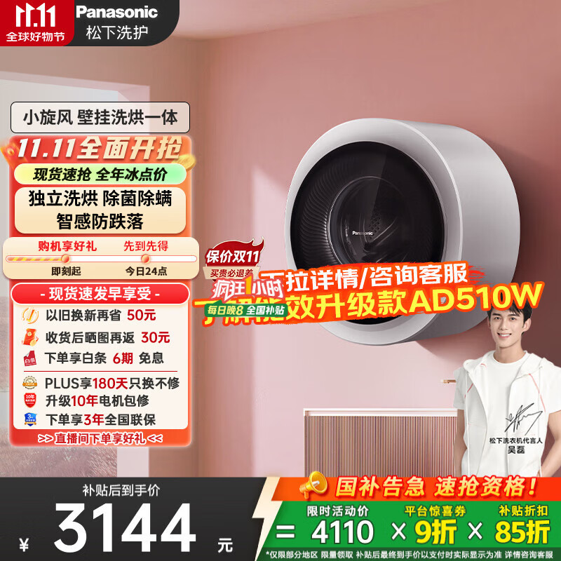 松下（Panasonic）【吴磊同款】滚筒壁挂洗衣机3kg全自动洗烘一体 迷你小型内衣洗衣机带烘干以旧换新国家补贴AD5