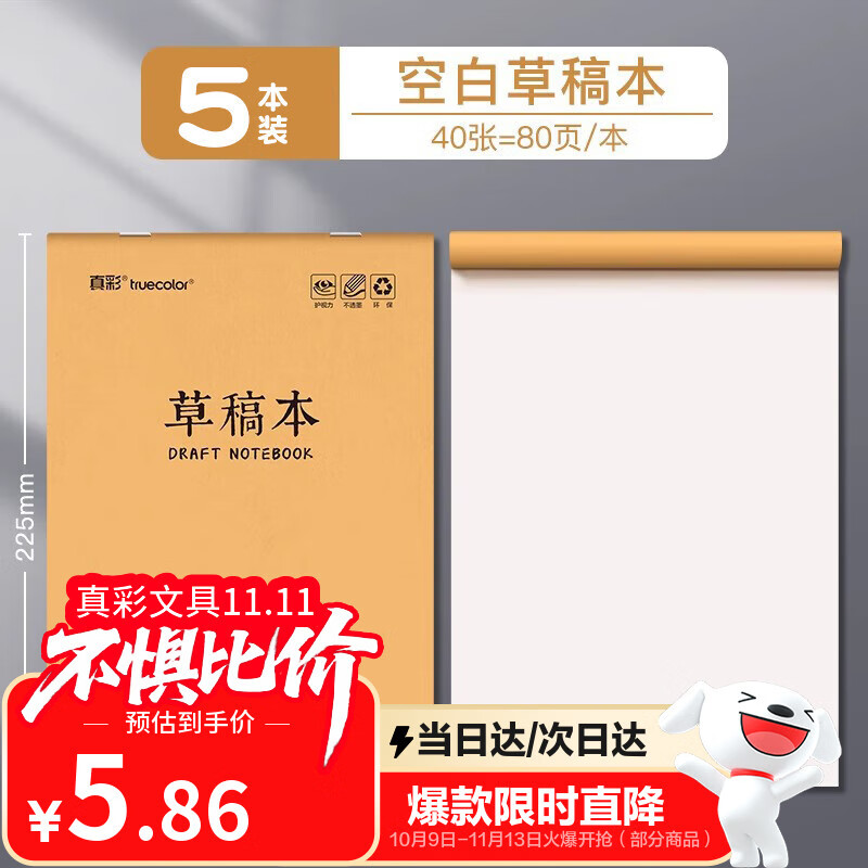 真彩（TRUECOLOR）加厚可撕款草稿本草稿纸考研专用大学生用高中生演算纸数学初中生打草纸白纸空白草稿5本装6313