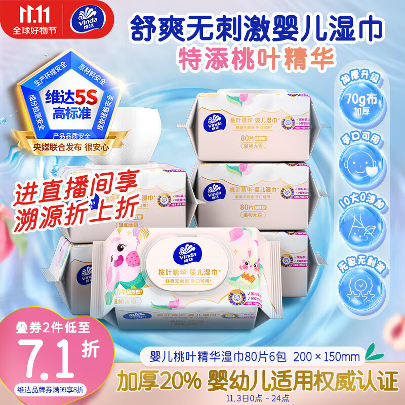 维达（Vinda）婴儿手口湿巾 桃叶精华加厚加大手口专用亲肤湿纸巾大包 80片*6包