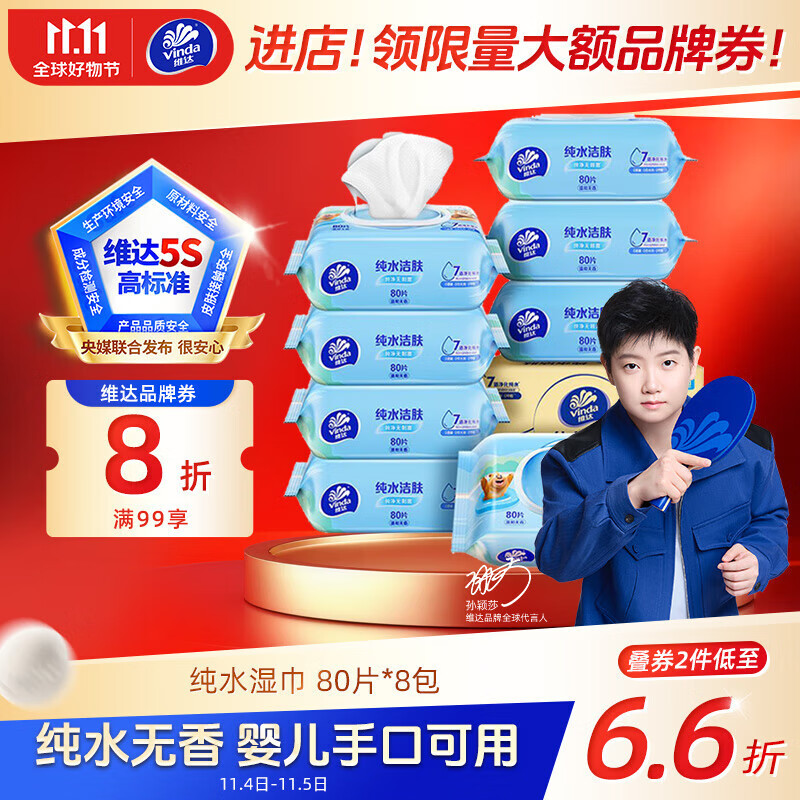维达（Vinda）婴儿湿巾 熊出没联名 婴儿手口屁屁专用 家庭囤货 湿纸巾80片*8包