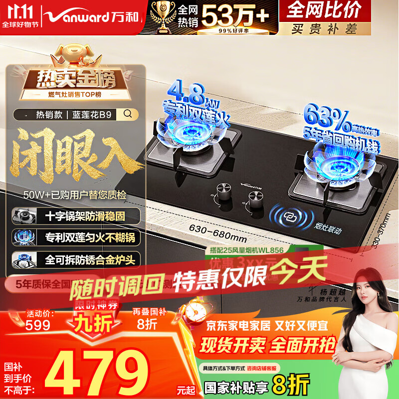 万和（Vanward）【蓝莲花B9】液化气燃气灶4.8kW猛火烟灶联动家电以旧换新国家补贴20%嵌入家用煤气双炉具台B9L50