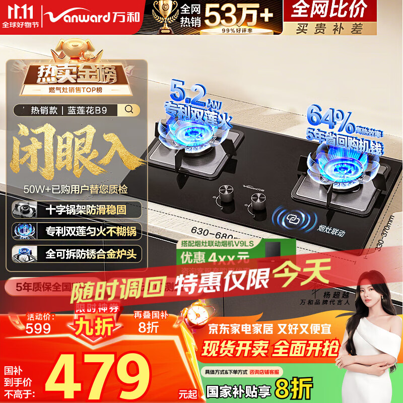 万和（Vanward）【蓝莲花B9·5.2kW】天然气燃气灶猛火烟灶联动以旧换新国家补贴20%嵌入式家用煤气双炉具台B9L50