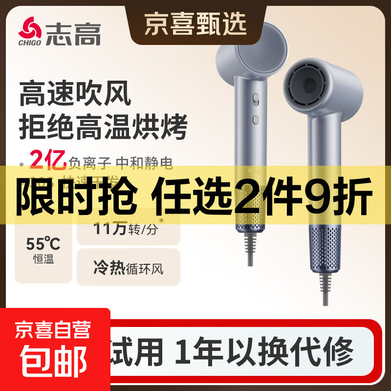 志高（CHIGO）高速吹风机 家用负离子护发大风力速干电吹风大功率恒温吹风筒母婴学生宿舍寝室吹风机 【FT-02银色】4档11万转+恒温+2亿负离子