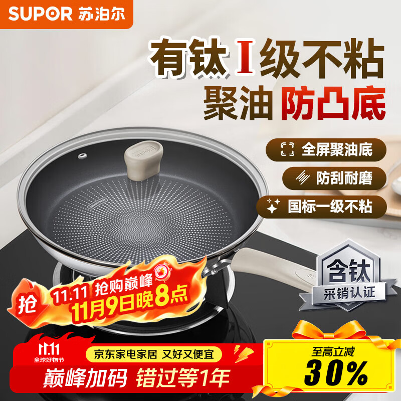 苏泊尔（SUPOR）煎锅有钛不粘平底锅煎牛排轻量聚油底不锈钢磁炉通用EJ28CBS01