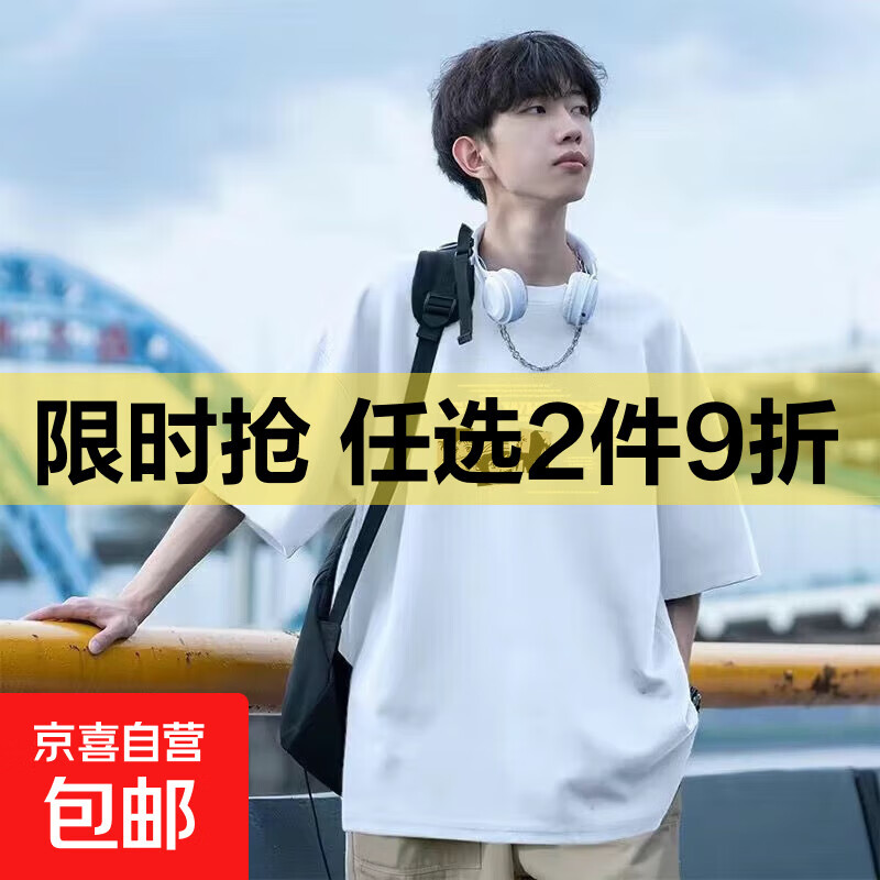 短袖T恤男夏季港风新款百搭学生宽松凉感休闲潮流五分半袖上衣LH B白色 2XL (建议体重130-145斤左右）