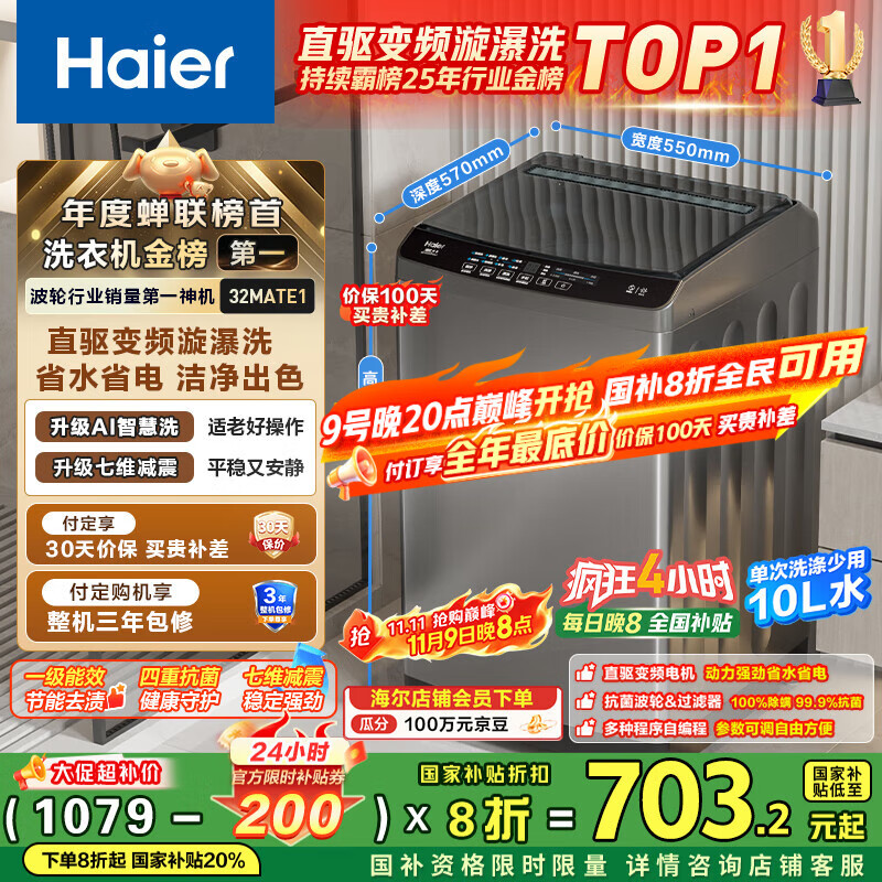 海尔（Haier）波轮洗衣机全自动小型家用10公斤EB100B32Mate1 直驱变频京东自营家电国家补贴一级能效出租房宿舍