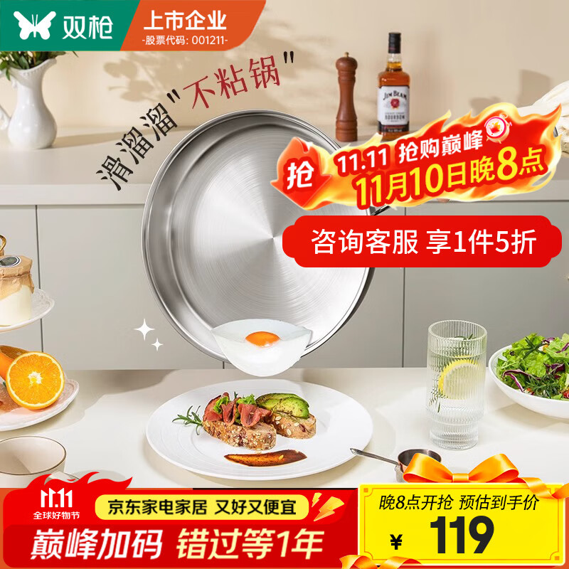 双枪316L不锈钢平底锅无涂层炒锅煎锅家用不粘锅煎蛋牛排早餐烙饼 【大号无盖】316L不锈钢- 24cm