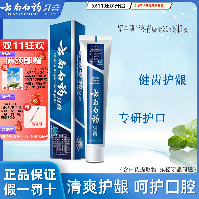 云南白药牙膏留兰香薄荷冬青热销榜祛牙垢牙渍去口臭护龈抗敏美白清新口气 【30g】留兰薄荷晨露冬青单支体验装