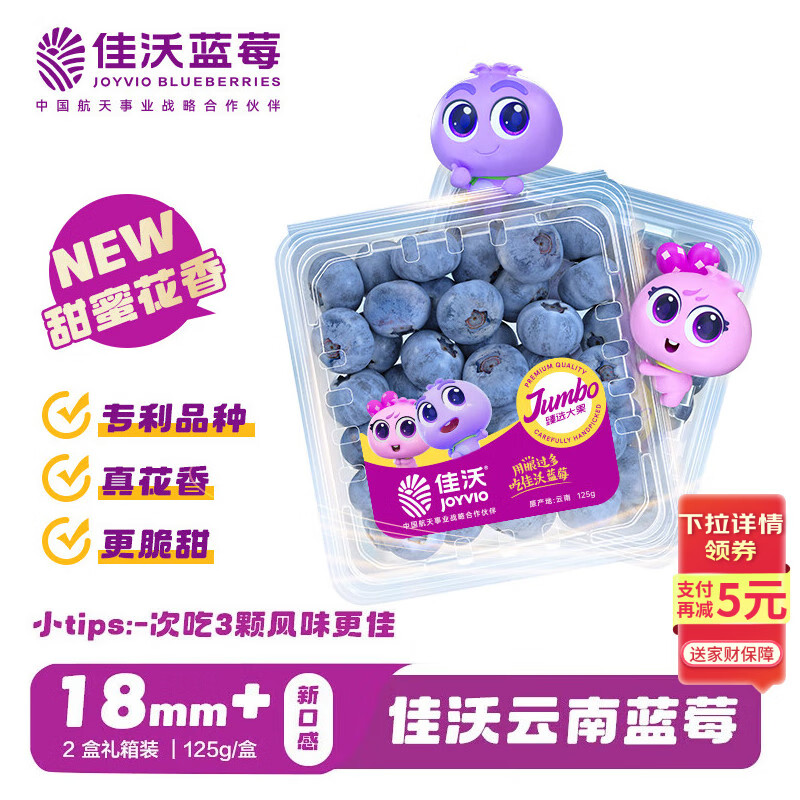 佳沃（JOYVIO） 云南蓝莓甜蜜花香系列 18mm+ 2盒装 约125g/盒 新鲜水果 