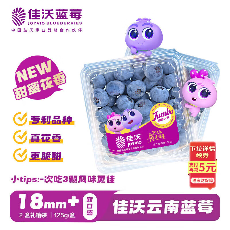 佳沃 JOYVIO 云南蓝莓甜蜜花香系列 18mm+ 2盒装 约125g/盒 新鲜水果 