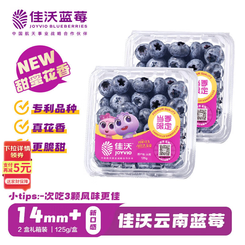佳沃（JOYVIO） 云南蓝莓甜蜜花香系列 14mm+ 2盒装 约125g/盒 新鲜水果 