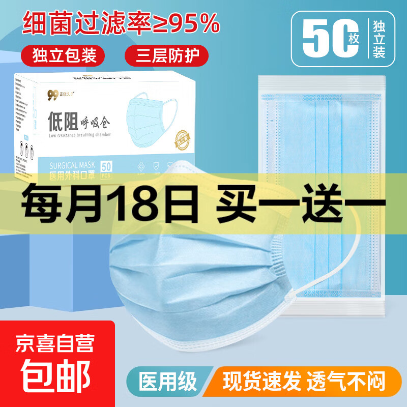 医用级外科口罩独立包装一次性口罩50只一盒厂家批发 蓝色【独立装】【50只/盒装】
