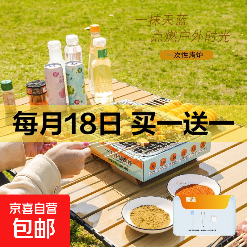 一次性烧烤炉户外野餐无烟家用碳烤炉露营烧烤架木炭烤肉炉室内 天蓝色单层20碳一次性烧烤炉 32*22*5.5