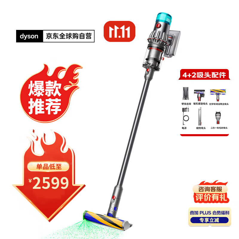 戴森（DYSON）V12 Detect Slim Fluffy家用清洁手持无线除螨吸尘器 光学显尘 原装进口 超强大吸力 智能 可车载