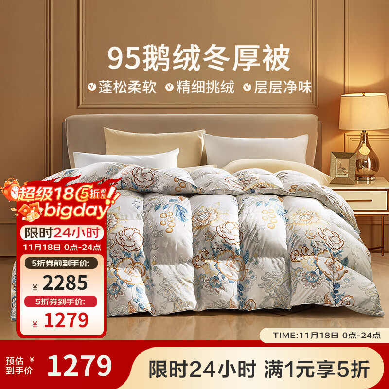 富安娜 羽绒被芯95灰鹅绒被子冬天保暖加厚冬被二合一被  【95灰鹅绒冬被】晓露(2.0款) 152*210cm