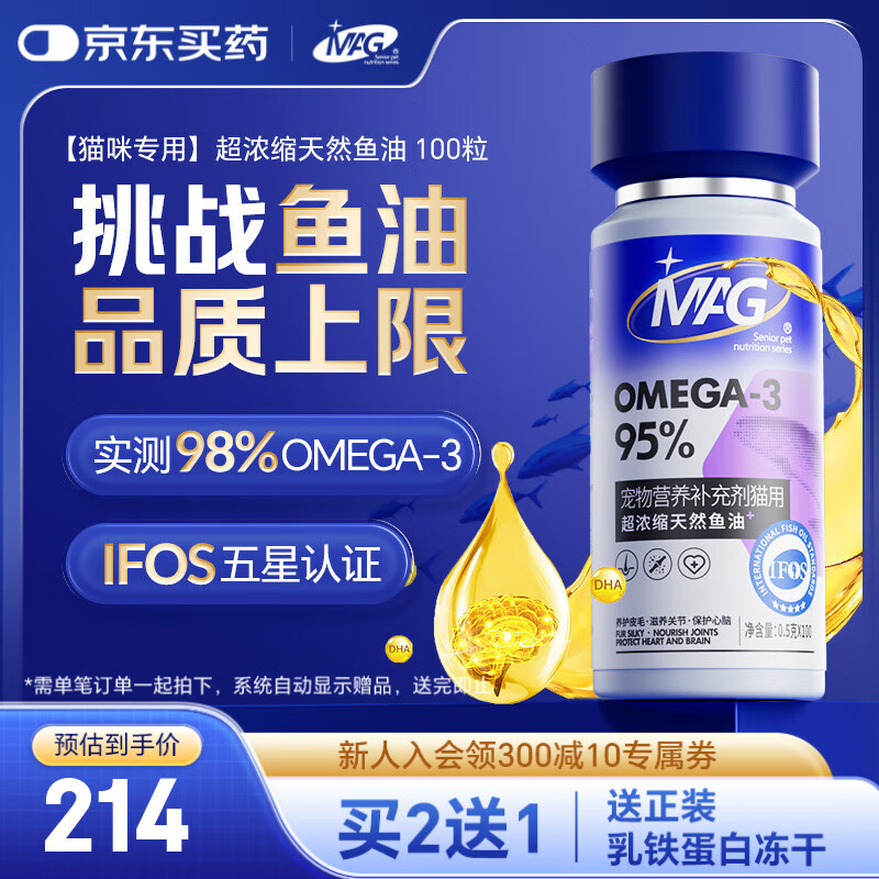 MAG【IFOS认证】深海猫咪鱼油胶囊有助防掉毛美毛卵磷脂宠物100粒