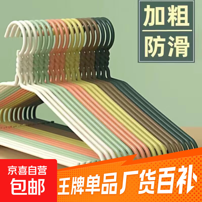 衣架成人加粗防滑加厚学生宿舍无痕挂衣架家用衣服晾衣架撑子衣挂 平肩带钩（四季款） 10支装（颜色随机）