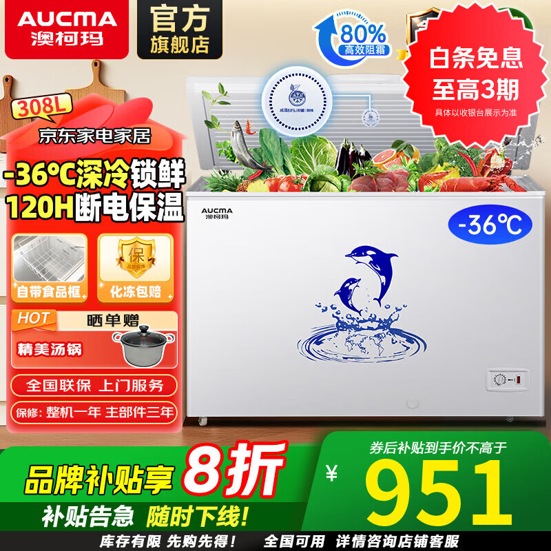 澳柯玛（AUCMA）308升阻霜卧式商用家用冰柜 商用大容量 冷藏柜大冷冻柜冰柜家用冰箱大冷柜一级能效 BC/BD-308HNE【京仓物流】 308L