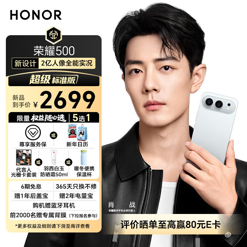 荣耀500 超级标准版 肖战同款 2亿人像全能实况 青海湖电池 5G AI 学生 新款拍照手机 12+256月光银