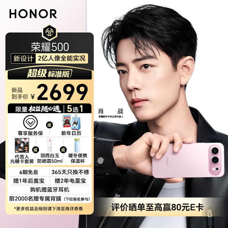荣耀500 超级标准版 肖战同款 2亿人像全能实况 青海湖电池 5G AI 学生 新款拍照手机 12+256星光粉
