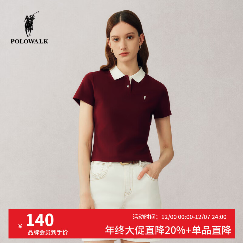 POLOWALK短袖POLO衫女式2025春夏新品撞色小个子t恤百搭韩版上衣 酒红 L