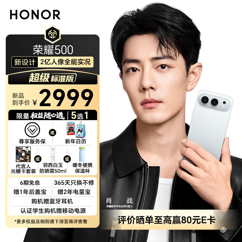 荣耀500 超级标准版 肖战同款 2亿人像全能实况 青海湖电池 5G AI 学生 新款拍照手机 12+512月光银