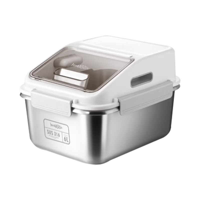 家の物語（KATEI STORY）日本計量米桶家用防蟲防潮密封食品級廚房自動出米缸20斤裝儲米箱 抗菌316不銹鋼裝米桶【6L】