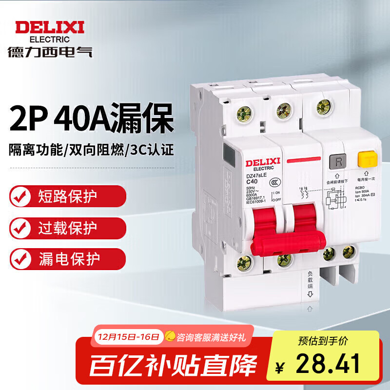 德力西电气空开断路器空气开关漏电保护器DZ47sLE 2P 40A