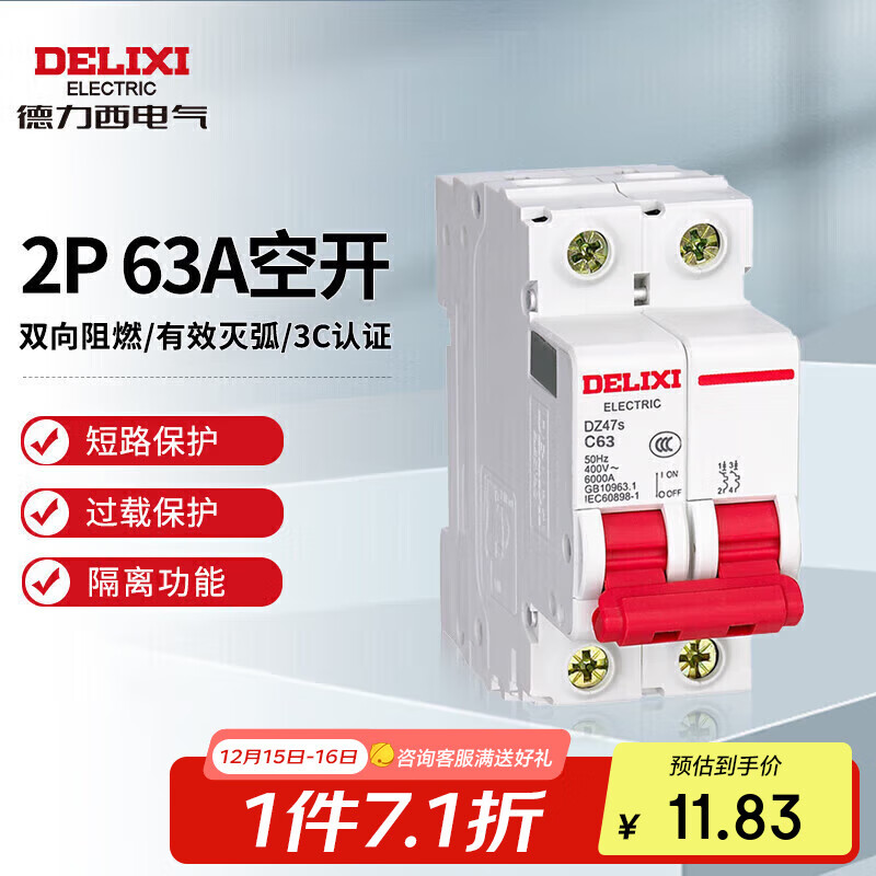 德力西电气空开微型断路器空气开关家用DZ47s 2P 63A