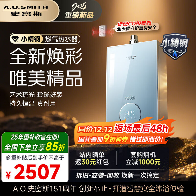 史密斯（A.O.SMITH）佳尼特【小精钢TCS5】13升燃气热水器 国家补贴 安全守护 持久恒温大水量 天然气家用