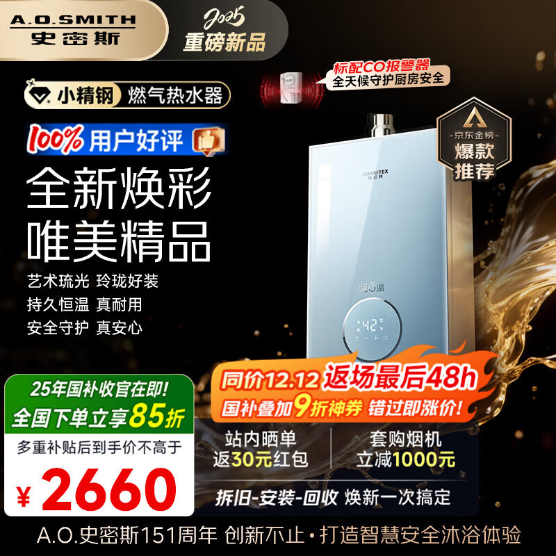 史密斯（A.O.SMITH）佳尼特 【小精钢TCS5】16升燃气热水器 国家补贴 安全守护 持久恒温大水量 静音 天然气家用