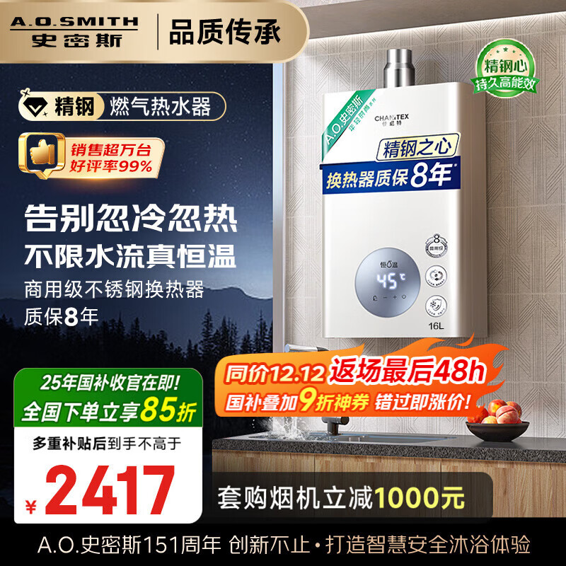 史密斯（A.O.SMITH）佳尼特16升精钢燃气热水器 国家补贴 不锈钢换热器包8年  恒温大水量  抗风防冻 JSQ31-TC1